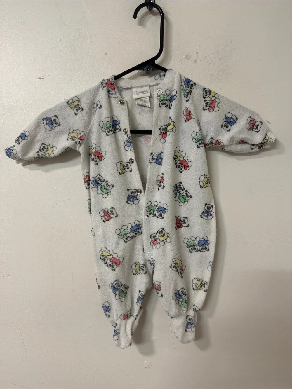 Carter's White Fleece Footed One-Piece with Red Blue Green Yellow Bear Print